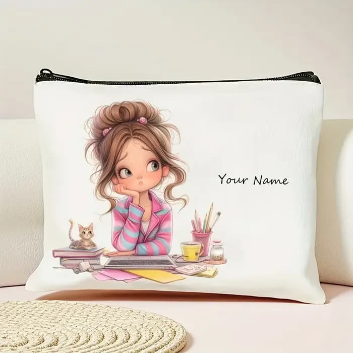 Ajouter votre nom Trousse de maquillage Motif de fille mignonne Sacs de rangement de toilette portables à fermeture éclair Pochette cosmétique pour femme A amie Cadeau de Noël