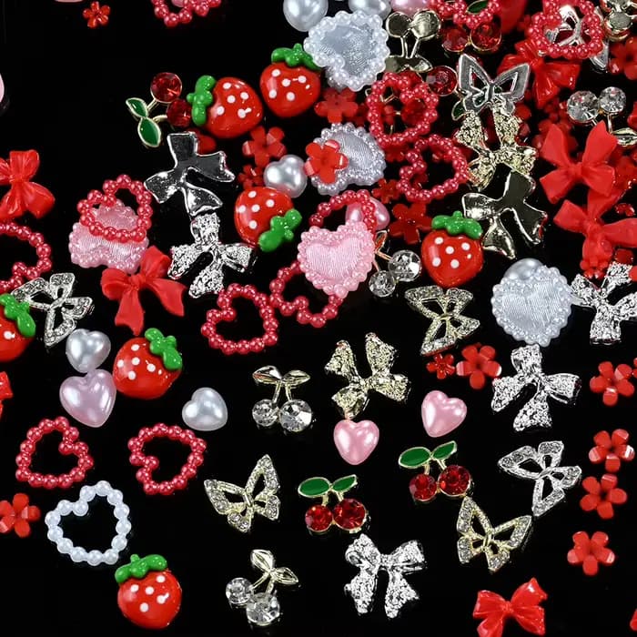 Breloques pour ongles en résine rouge, 12 grilles, nœud mixte 3D, fraise, perle, cœur d'amour, Nail