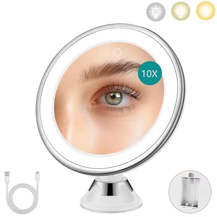 Miroir grossissant de maquillage LED 3 couleurs de lumière éclairé avec grossissement 10x et ventouse 360 ° Luminosité