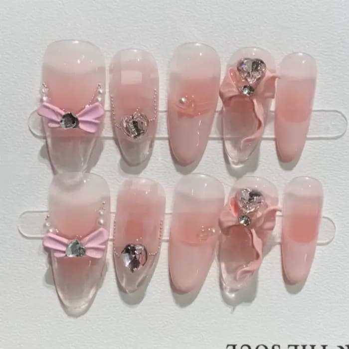 10 pièces violet oeil de chat fait à la main faux ongles conseils paillettes mi-longue ovale presse