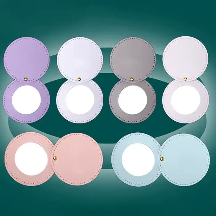 Miroir compact incassable en acier inoxydable avec manchon en cuir PU