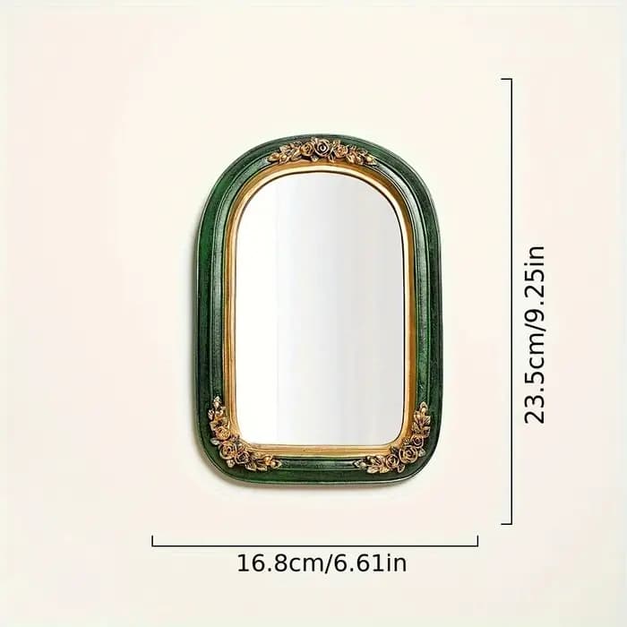 Miroir de Maquillage Vintage en Résine Vert Sculpté, Style Luxe Léger Européen, Accessoire Photo pour Fille