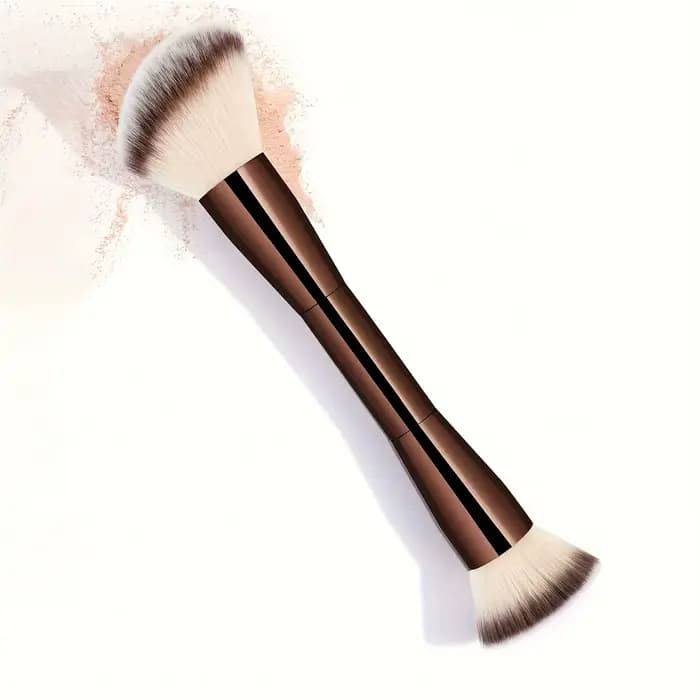 Pinceau de maquillage professionnel double extrémité pour fond de teint et contour, manche en métal