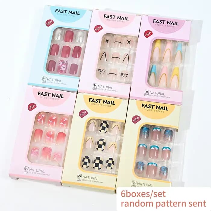 6 boîtes/ensemble court carré faux ongles amour design presse sur ongles Style mixte motif aléatoire