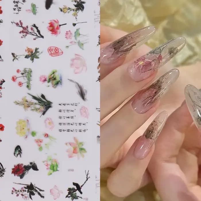 10 pièces feuilles à ongles caractère chinois grue bambou poisson fleur prune autocollant curseur tr