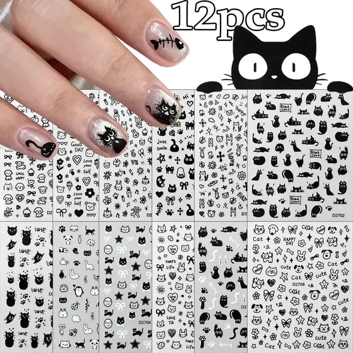 Ensemble d'autocollants pour ongles chat noir
