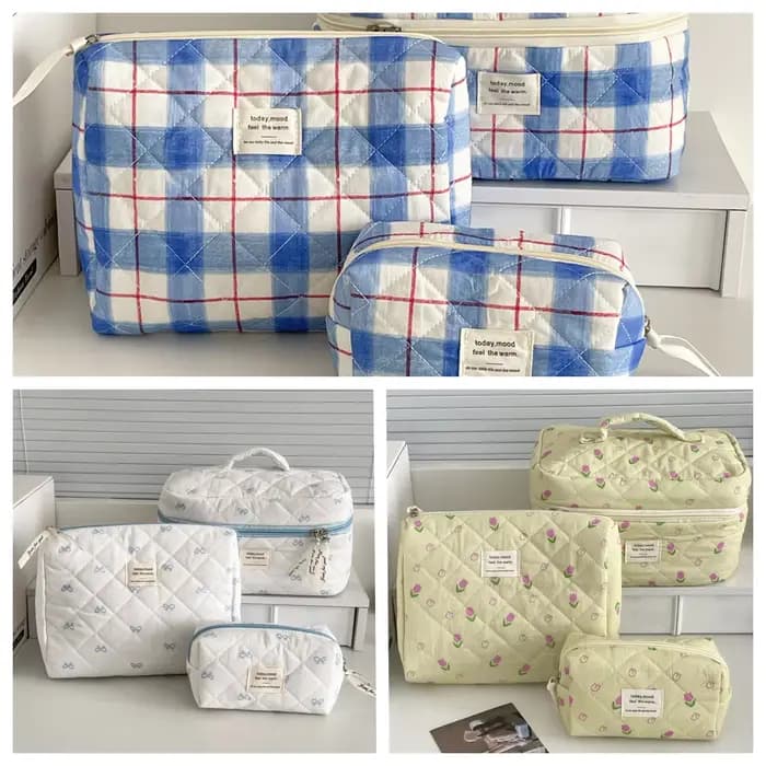 Trousse de toilette rétro polyvalente YT avec motif à carreaux rouge et bleu et nœud rose