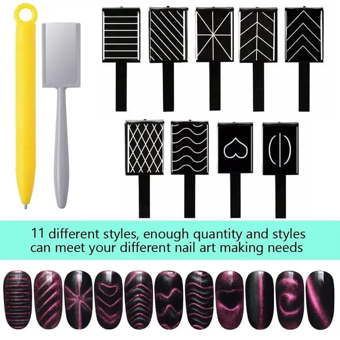 Ensemble de 11 outils d'art des ongles, tige magnétique œil de chat, aimant puissant adapté au polis