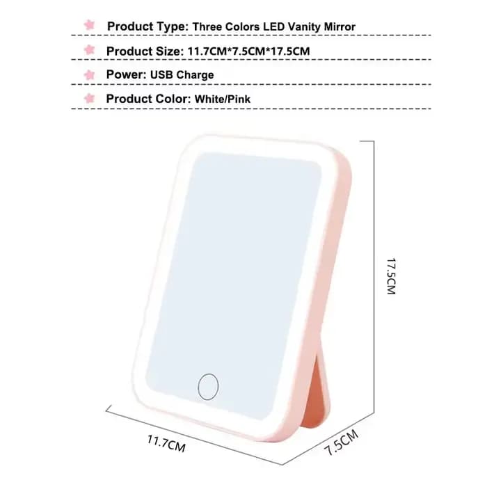Miroir de courtoisie LED portable avec écran tactile, 3 couleurs, aste par USB, gradation, maquillag