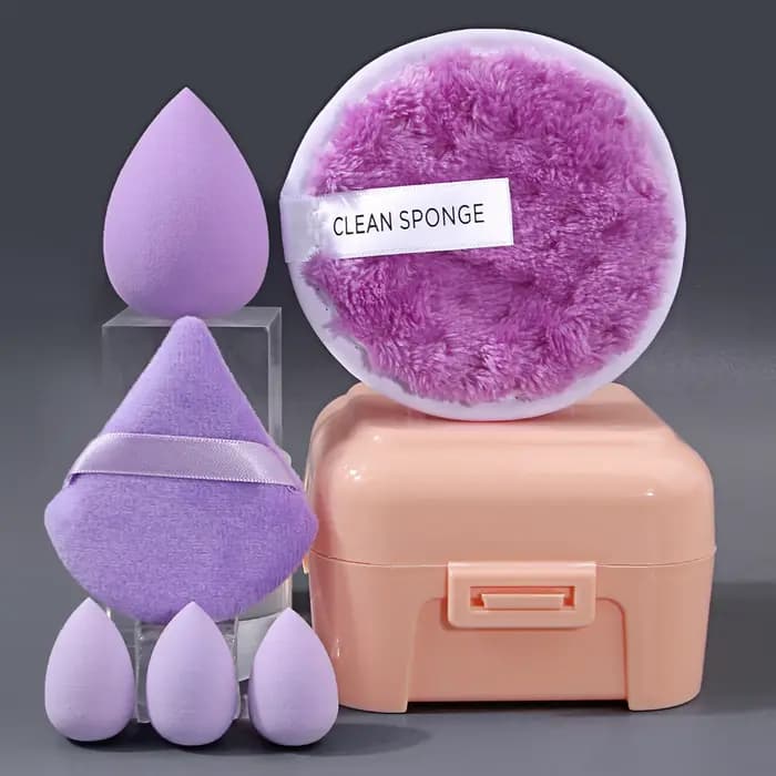 Ensemble d'éponges de maquillage violettes avec boîte de rangement