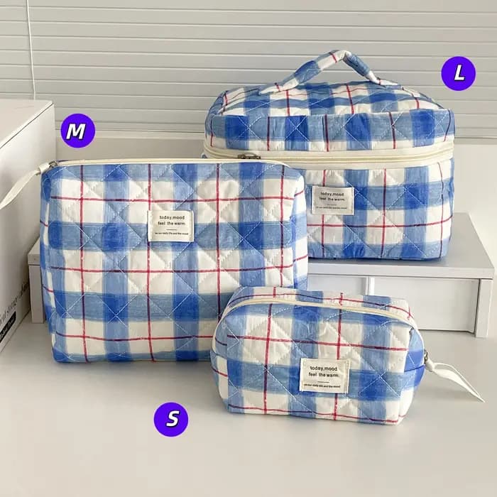 Trousse de toilette rétro polyvalente YT avec motif à carreaux rouge et bleu et nœud rose