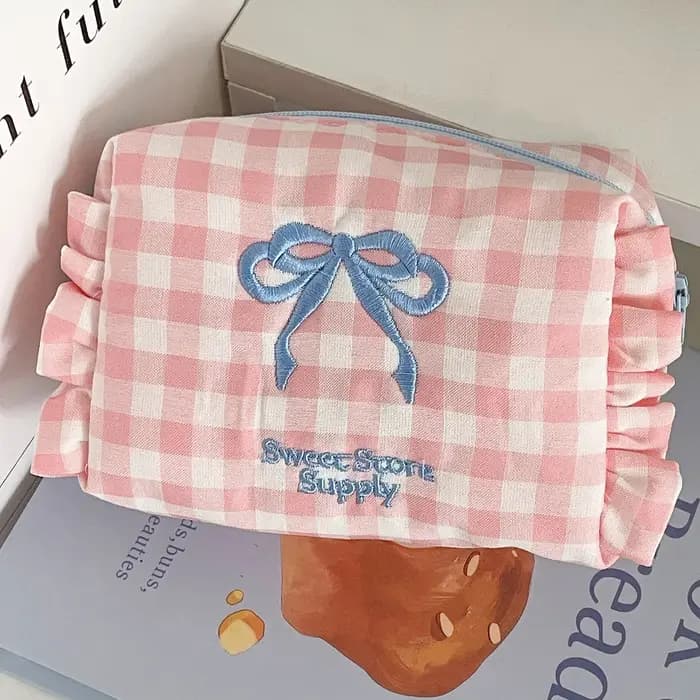 Kawaii sac cosmétique Plaid arc trousse de Maquillage mignon petit sac fille Style doux à volants