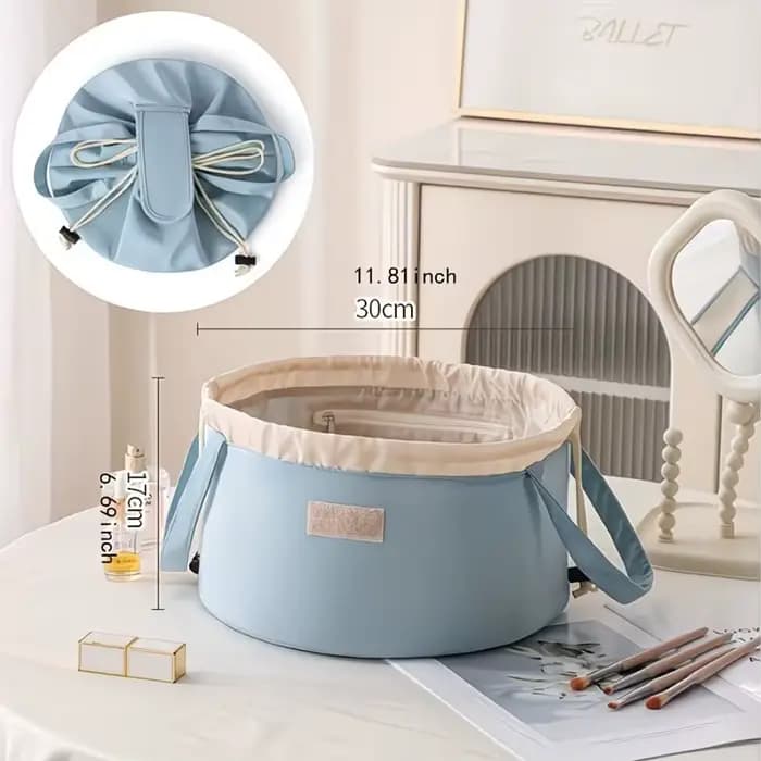 Sac de rangement cylindrique de grande capacité pour articles de toilette (avec fermeture à cordon)