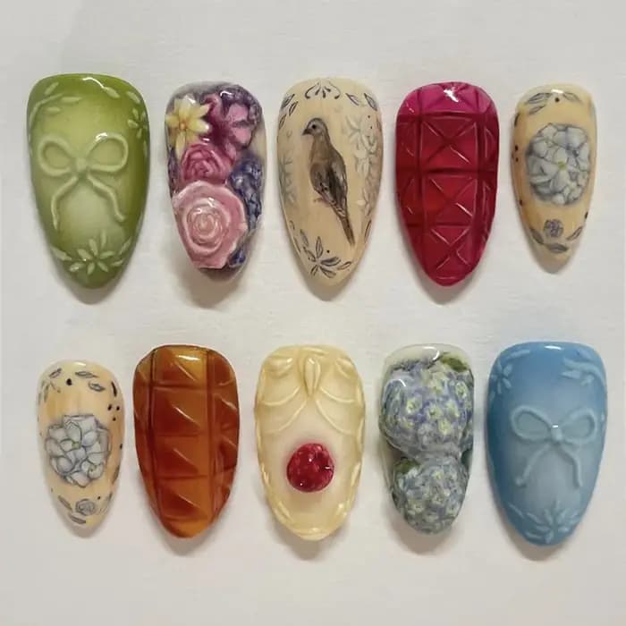 24 pièces fleur impression presse sur ongles vin rouge Blush amande faux