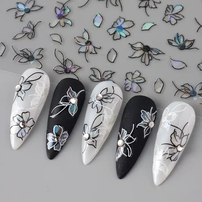 2 pièces 3D Laser noir blanc fleur décalcomanies abstraite rayure fleur pétales conception autocolla