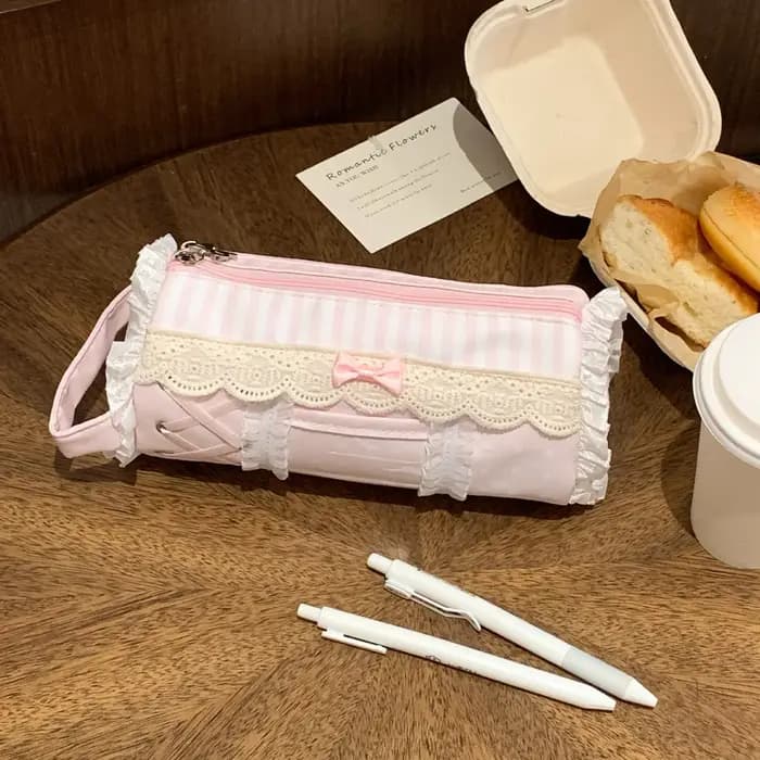 Trousse à crayons en dentelle mignonne pour fille, grande capacité, rangement de bureau, sac à stylos, trousse de maquillage mignonne pour fille, cadeau