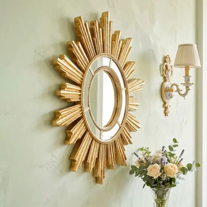 Miroir maquillage rond en résine, élégant, Design rayons soleil dorés, miroir vanité suspendu pour m
