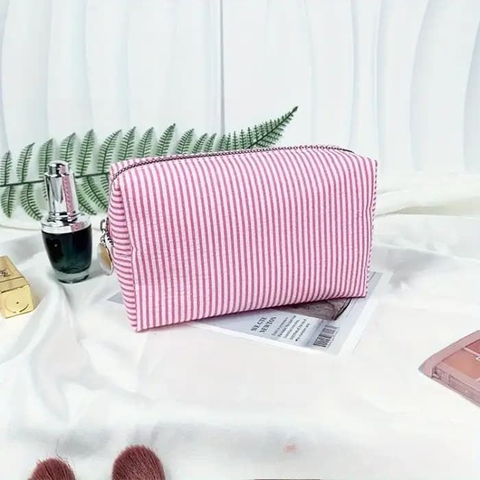 Trousse de toilette de voyage à rayures brodées personnalisées - Rangement cosmétique portable en polyester pour