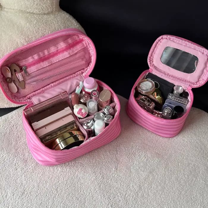 Nouvelle Trousse de Maquillage Portable Mini Mignonne à Rayures Roses pour Femmes – Idéale pour les Sorties et les Voyages