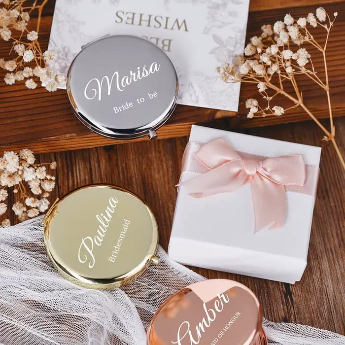 Miroirs de maquillage compacts personnalisés avec boîte à ruban blanc